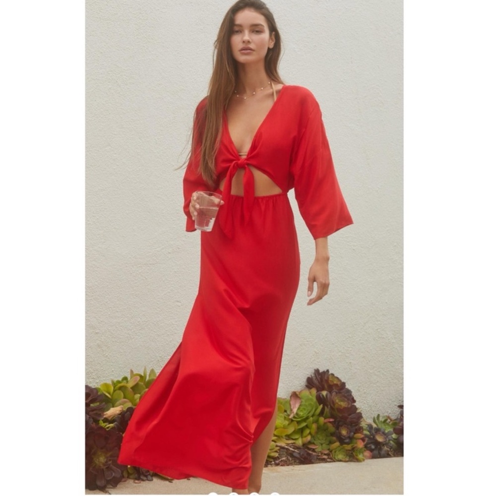 By Anthropologie Tie-Front Cover up Red Dress - Picture 2 of 11